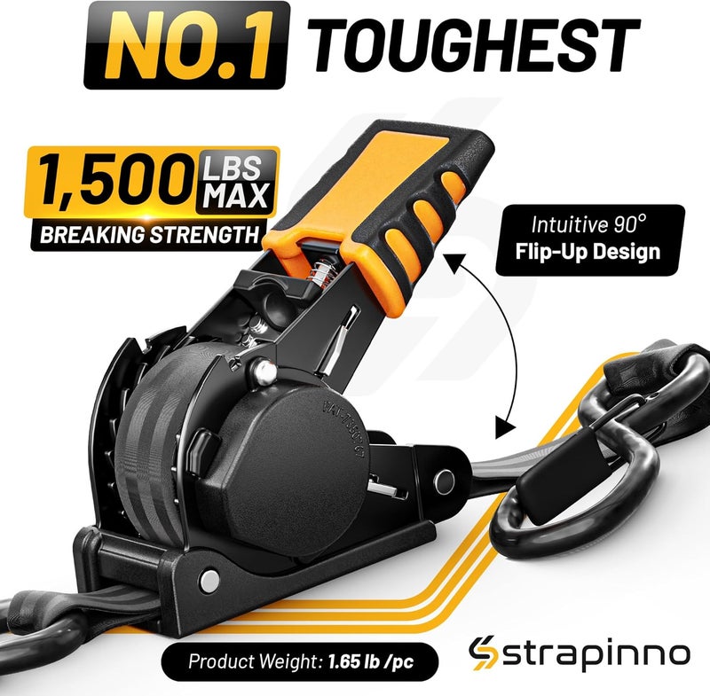 Strapinno Retractable Ratchet Straps 1 in x 10 ft, Secure Tie-Downs with Rubber-Coated Steel Handles, for Motorcycle, Jetski, Kayak, Breaking Strength 1,500LBS/680KG (Black Strap, Black Coated) - Image 2
